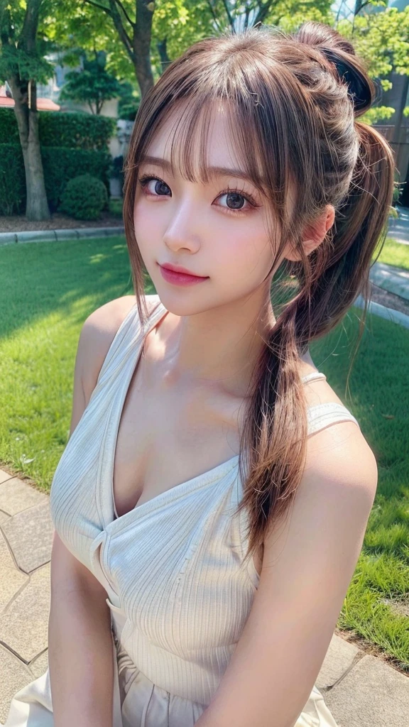 One piece with collar,outdoors,Urban Park,On the lawn,Ultra-detailed, finely detail, hight resolution, 8K Wallpaper, Perfect dynamic composition, Beautiful detailed eyes,Outdoor,Close-up of face,Outdoor,Blushing,Facing forward,,Long hair ponytail,((8k, Raw photo, Best Quality, Mastepiece:1.2), (Realism, Photorealistic:1.4), (Highly detailed 8K wallpapers), Depth of written boundary, Cinematic Lighting, Soft Light, Detailed Beauty Eye,Shiny and smooth light brown ponytail, Asymmetrical bangs, Shiny skin, Ultra-detailed skins ,It is high resolution., High detail, Detailed hairstyle, Detailed facial beauty, Hyper-realistic, Perfect limbs, Perfect Anatomy ,1 Japanese girl,Famous Japanese Idols, Perfect female body,A shy smile,Short eyelashes,Double-edged eyelids,Look straight here,Hair style: ponytail,