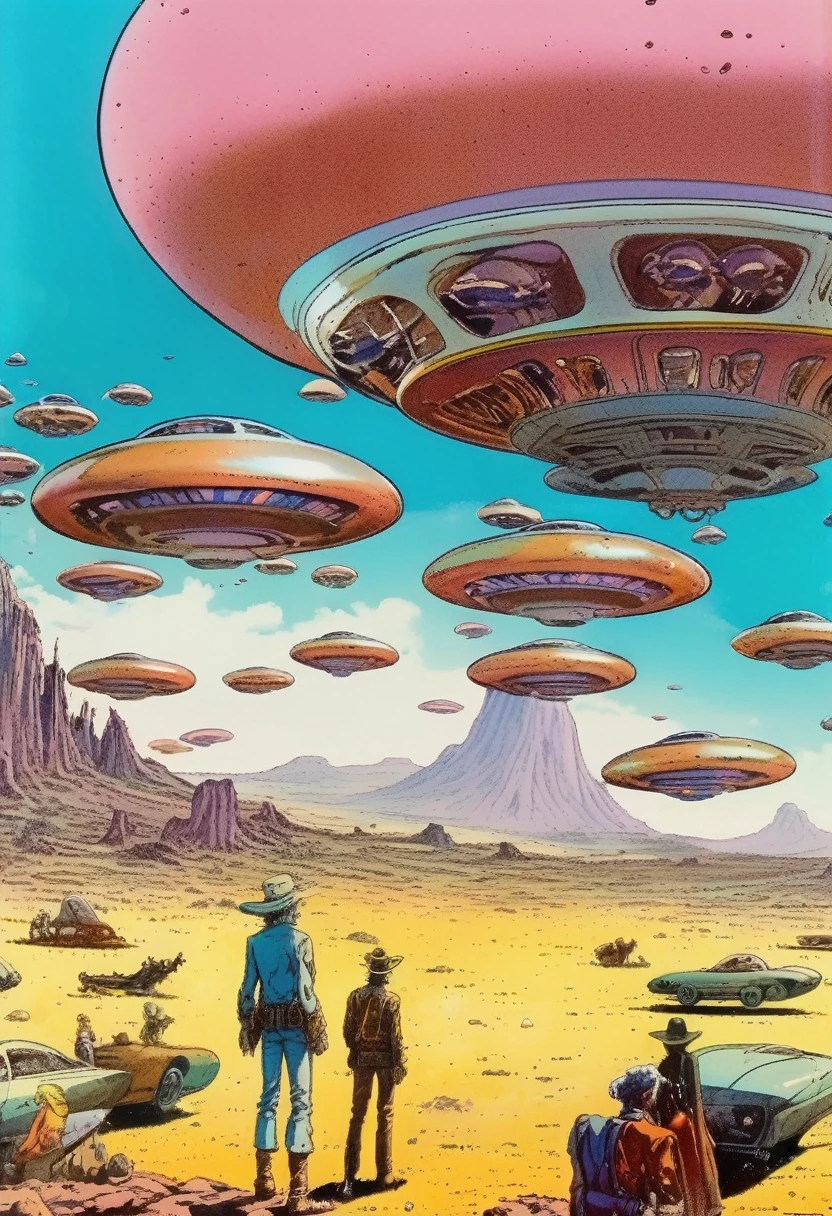 Mobis (Jean Giraud) Style - A picture by Jean Giraud Mobis, The picture shows a sky full of flying saucers, Huge divergent background,western backdrop in Mobis' signature style with sharp detailing and vibrant colors. Shot with Panavision Panaflex Gold II and Ultra Panavision 70 lenses, The image is full of film grain and low-key lighting,It creates a mysterious and tense atmosphere.