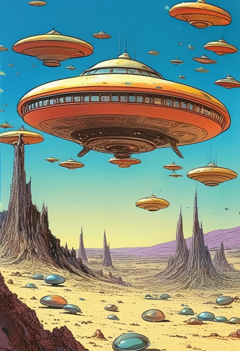 Mobis (Jean Giraud) Style - A picture by Jean Giraud Mobis, The picture shows a sky full of flying saucers, Huge divergent background,western backdrop in Mobis' signature style with sharp detailing and vibrant colors. Shot with Panavision Panaflex Gold II and Ultra Panavision 70 lenses, The image is full of film grain and low-key lighting,It creates a mysterious and tense atmosphere.
