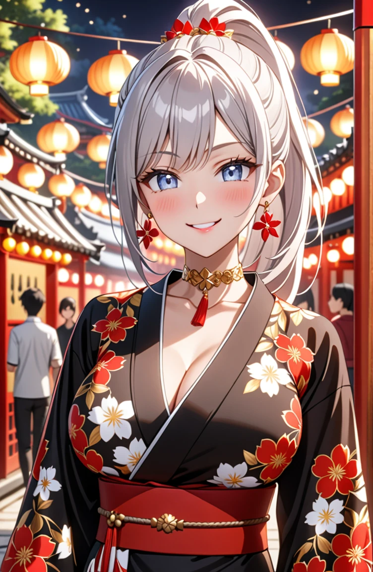 ((one girl)), hyper detailed, absurdres, 8K,Cute face, (Laugh shyly), ((teasing smile:1.8)), ((Wink:1.8)), (Laugh with your mouth wide open:1.3),(Tilt your head:1.3), View your viewers, ((Bright red cheeks:1.6)),Glossy Red Lips, ((Big Breasts:1.5)) night, Shrine festival stalls, (Brighten your face), ((Anime style background)),masterpiece, Highest quality, so beautiful,Latest, Complex details, (Pink long nails), (nail art), (ring),(bracelet), (Floral Choker),AI-generated, Complex,High resolution, Highest quality, super high quality,3D Images、3D Images,One person,Long white hair,(High Ponytail), Anime woman posing for a photo,((blue eyes:1.2)), ((Fine grain、Silver Eyes、Shining Eyes:1.7)), (Squint your eyes:1.1),a hyperRealistic , hyperRealistic , Realistic,Anime woman with long white hair, Smooth anime CG art, With gold embroidery、A girl in a gorgeous kimono, ((Black long sleeve kimono:1.3)),(Red large floral pattern) ,Long flower hair ornament,Floral Earrings,Mature Body, expensive,Abdominal muscles,Tight waist,((Zoom in on face:2.1)),(front view),
