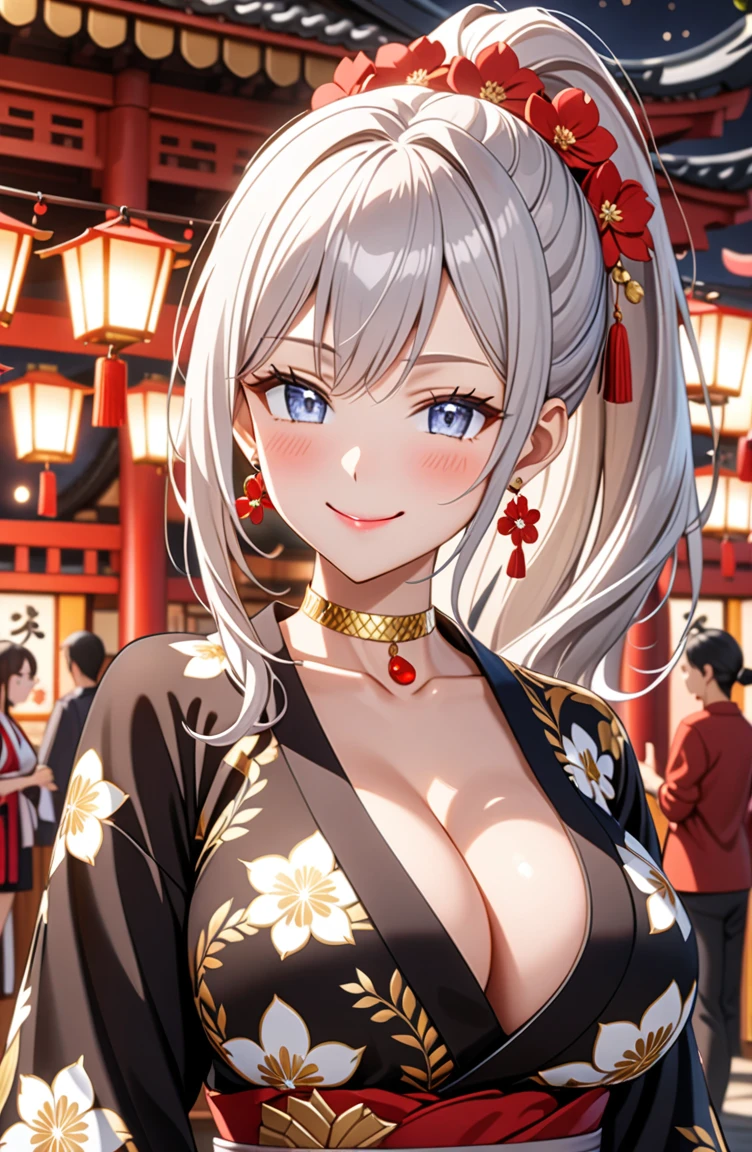 ((one girl)), hyper detailed, absurdres, 8K,Cute face, (Laugh shyly), ((teasing smile:1.8)), ((Wink:1.8)), (Laugh with your mouth wide open:1.3),(Tilt your head:1.3), View your viewers, ((Bright red cheeks:1.6)),Glossy Red Lips, ((Big Breasts:1.5)) night, Shrine festival stalls, (Brighten your face), ((Anime style background)),masterpiece, Highest quality, so beautiful,Latest, Complex details, (Pink long nails), (nail art), (ring),(bracelet), (Floral Choker),AI-generated, Complex,High resolution, Highest quality, super high quality,3D Images、3D Images,One person,Long white hair,(High Ponytail), Anime woman posing for a photo,((blue eyes:1.2)), ((Fine grain、Silver Eyes、Shining Eyes:1.7)), (Squint your eyes:1.1),a hyperRealistic , hyperRealistic , Realistic,Anime woman with long white hair, Smooth anime CG art, With gold embroidery、A girl in a gorgeous kimono, ((Black long sleeve kimono:1.3)),(Red large floral pattern) ,Long flower hair ornament,Floral Earrings,Mature Body, expensive,Abdominal muscles,Tight waist,((Zoom in on face:2.1)),(front view),
