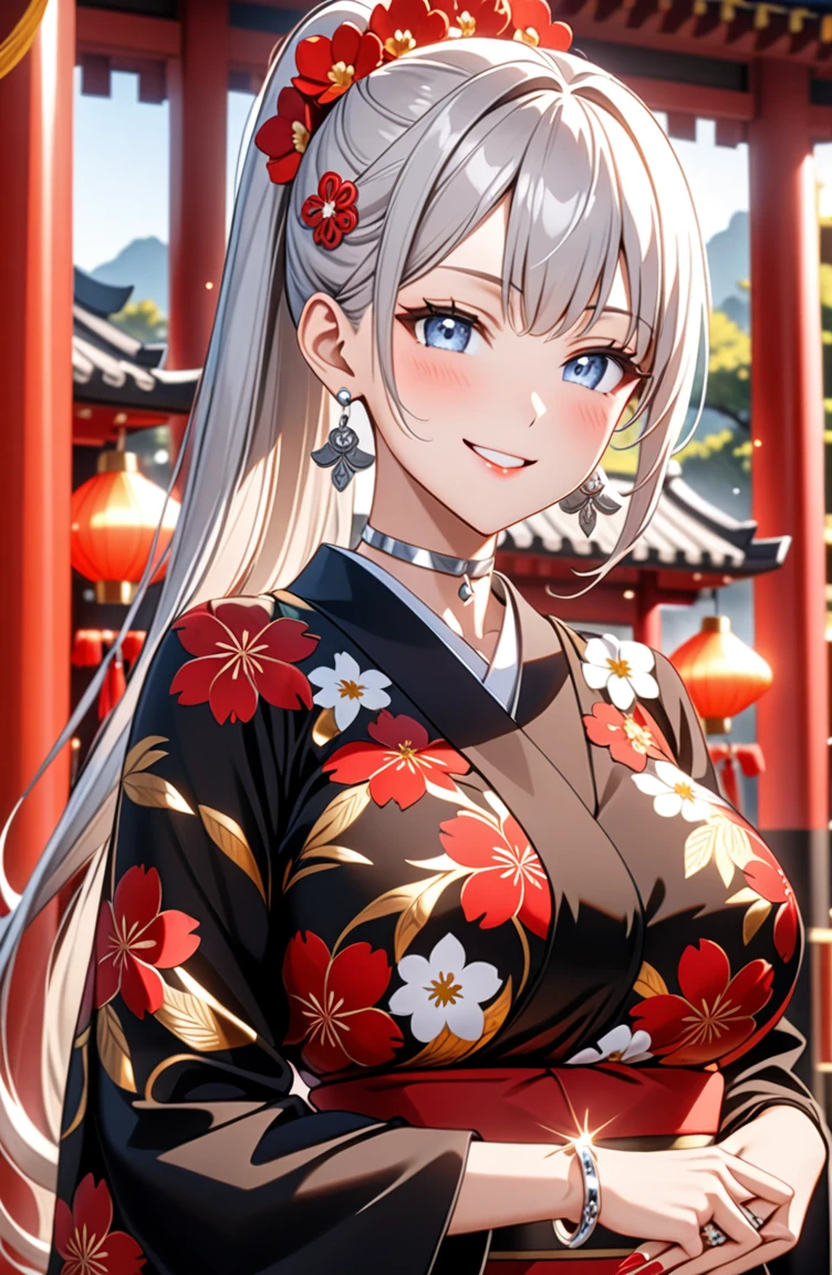 ((one girl)), hyper detailed, absurdres, 8K,Cute face, (Laugh shyly), ((teasing smile:1.8)), ((Wink:1.8)), (Laugh with your mouth wide open:1.3),(Tilt your head:1.3), View your viewers, ((Bright red cheeks:1.6)),Glossy Red Lips, ((Big Breasts:1.5)) night, Shrine festival stalls, (Brighten your face), ((Anime style background)),masterpiece, Highest quality, so beautiful,Latest, Complex details, (Pink long nails), (nail art), (ring),(bracelet), (Floral Choker),AI-generated, Complex,High resolution, Highest quality, super high quality,3D Images、3D Images,One person,Long white hair,(High Ponytail), Anime woman posing for a photo,((blue eyes:1.2)), ((Fine grain、Silver Eyes、Shining Eyes:1.7)), (Squint your eyes:1.1),a hyperRealistic , hyperRealistic , Realistic,Anime woman with long white hair, Smooth anime CG art, With gold embroidery、A girl in a gorgeous kimono, ((Black long sleeve kimono:1.3)),(Red large floral pattern) ,Long flower hair ornament,Floral Earrings,Mature Body, expensive,Abdominal muscles,Tight waist,((Zoom in on face:2.1)),(front view),