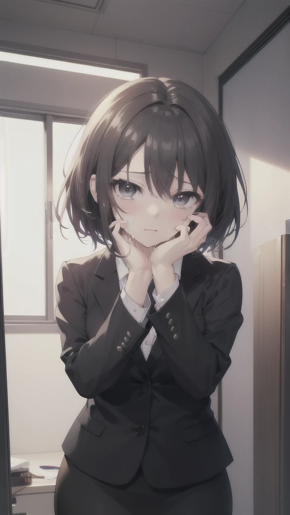  Highest quality、masterpiece、nsfw, (Short Hair, Black Hair, Forehead), (Grey Eyes:1.1), , From above、Looking up、Glare、tears、drool、((cum on face, cum on hair cum on skirt)), ,Small breasts、
break skirt, shirt, Black Skirt, formal, suit, Pencil Skirt, office lady, business suit,
break looking at viewer, (Upper Body:1.5), whole body, (Cowboy Shot:1.5),
break indoors, office,
break (masterpiece:1.2), Highest quality, High resolution, unity 8k wallpaper, (figure:0.8), (Beautiful attention to detail:1.6), Highly detailed face, Perfect lighting, Highly detailed CG, (Perfect hands, Perfect Anatomy),