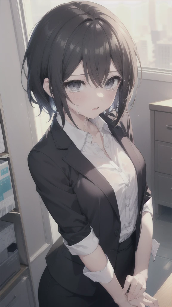  Highest quality、masterpiece、nsfw, (Short Hair, Black Hair, Forehead), (Grey Eyes:1.1), , From above、Looking up、Glare、tears、drool、((cum on face, cum on hair cum on skirt)), ,Small breasts、
break skirt, shirt, Black Skirt, formal, suit, Pencil Skirt, office lady, business suit,
break looking at viewer, (Upper Body:1.5), whole body, (Cowboy Shot:1.5),
break indoors, office,
break (masterpiece:1.2), Highest quality, High resolution, unity 8k wallpaper, (figure:0.8), (Beautiful attention to detail:1.6), Highly detailed face, Perfect lighting, Highly detailed CG, (Perfect hands, Perfect Anatomy),