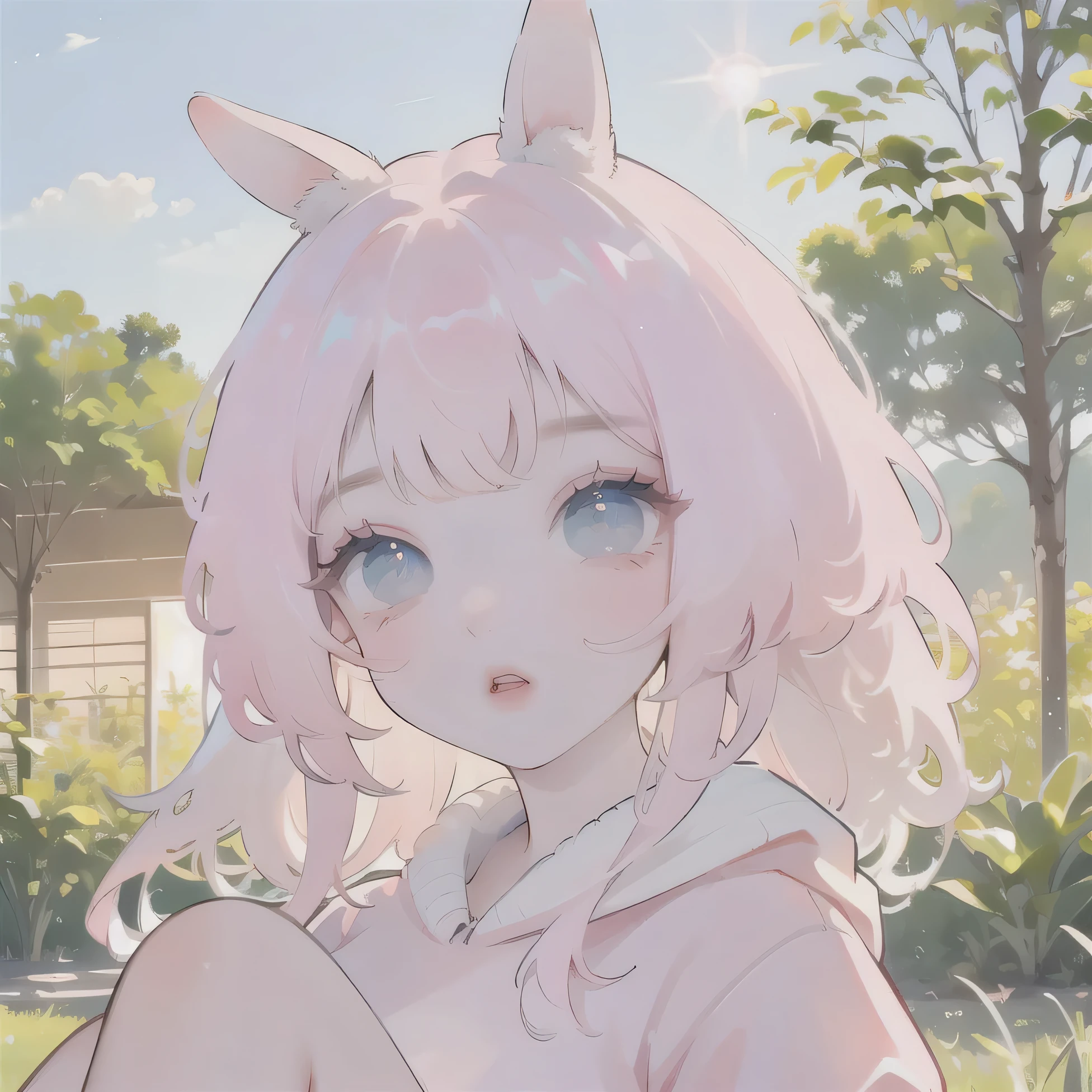 (high quality) (best quality) (a woman) (correct physiognomy) (perfect students) (perfect eyes) anime woman, deep pink long and fluffy hair pink, two rabbit ears coming out of her head, blue eyes, lips sensitive, feminine appearance, soft facial features, thin eyebrows, soft skin, rosy cheeks, pink lips, silky eyelashes, dreamy expression, middle age, youthful clothing, print sweatshirt, photo illuminated by sunlight, Woman sitting on forest.