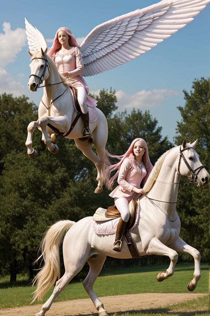 Beautiful young woman, long pink hair, on top of a white horse, and that the horse has big angel wings 