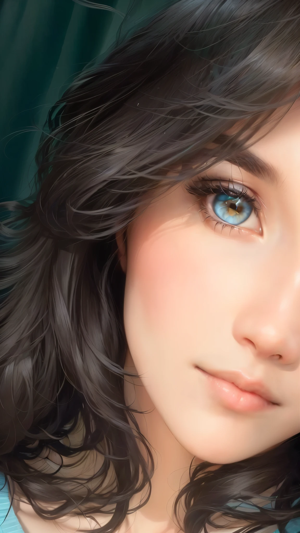 there is a woman with a blue shirt and a green curtain, close up face, stunning closeupheadshot, with cute doting eyes, black hair and large eyes, closeup face, cute and friendly eyes, large downslanted eyes, accurate brown eyes, brown eyes and white skin, very bright brown eyes, bright piercing brown eyes, closeup shot of face