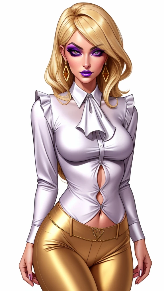 Lulu, gorgeous blonde woman, ruffle shirt, lithe, slim, gold silk pants, navel,
charcoal eyes, purple makeup,
white background, blank background,