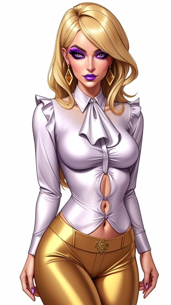 Lulu, gorgeous blonde woman, ruffle shirt, lithe, slim, gold silk pants, navel,
charcoal eyes, purple makeup,
white background, blank background,