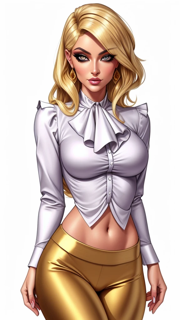 Lulu, gorgeous blonde woman, ruffle shirt, lithe, slim, gold silk pants, navel,
charcoal eyes, pirple makeup,
white background, blank background,