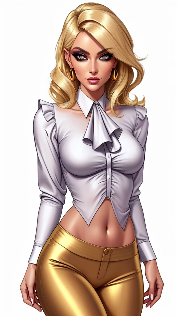 Lulu, gorgeous blonde woman, ruffle shirt, lithe, slim,  gold silk pants, navel, 

charcoal eyes, pirple makeup, 

white background, blank background, 