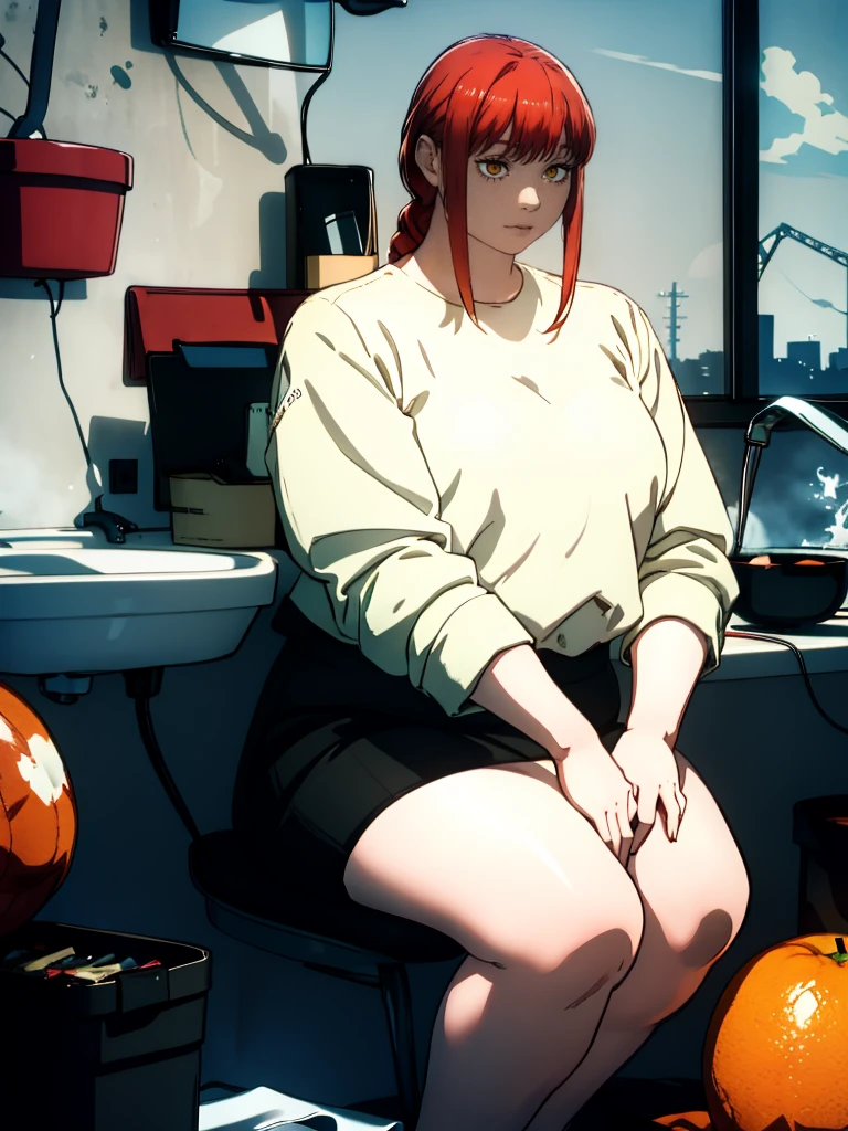 Le personnage Makima de la série animée Chainsaw Man, fragile, obésité morbide, ssbbw, pleine longueur (corps entier 1.1.), fond sombre, obscurité, anatomie correcte 1.1, anatomie correcte de la main, Très féminin, corps gras et rond, grosses Jambes, fesses, beau corps obèse, ventre rond et mou très gras, cheveux roux, Yeux oranges, Cercles rouges pour les écoliers, chemise blanche, jupe noire, cravate noire, pose sexy, réaliste, very détaillé, beau corps, détaillé body, détaillé hands, détaillé, vibrant, détaillé Face, Conception des personnages de Makima. very détaillé, détaillé body, détaillé hands, détaillé Face, Art animé, Hugh Détails, Visage très abattu, détaillé eyes, Illustration ultra fine, Meilleure ombre, détail fin, beautiful détaillé glow, beautiful détaillé, Extraordinairement beau, extremely détaillé, inexpressif, composition épique, Style animé. art animé, Style animé. Jupe noire, chemise blanche, cravatte, pose sexy