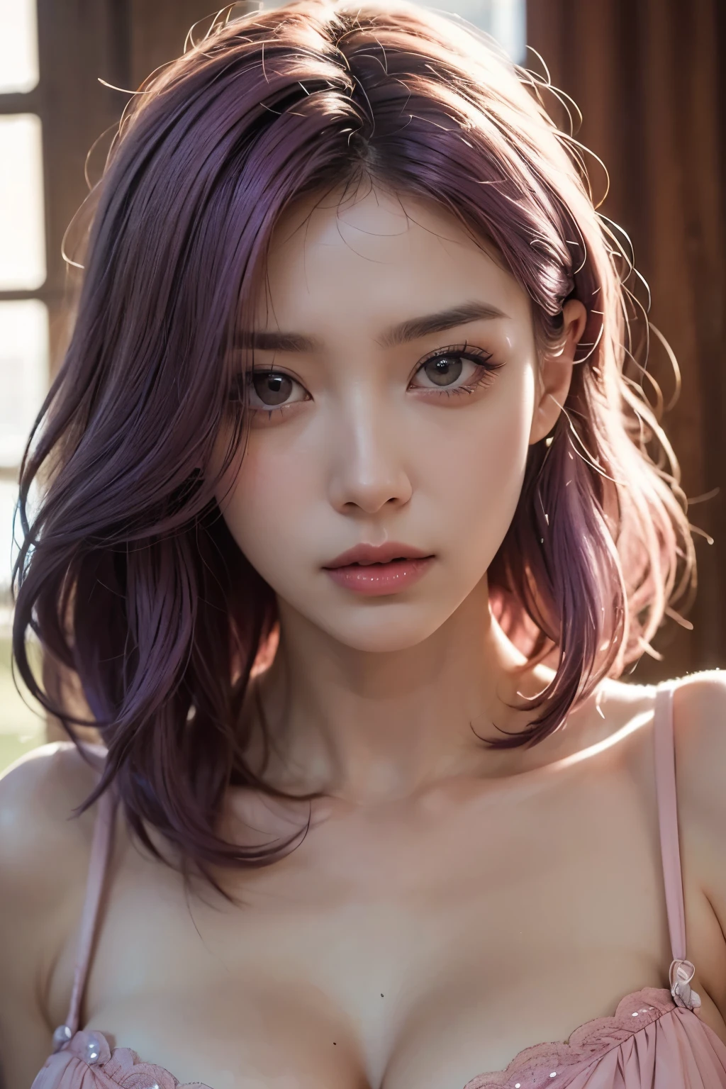 A angry mommy with long light pink soft purple hair, perfect big booba , good quality, detailed beauty face