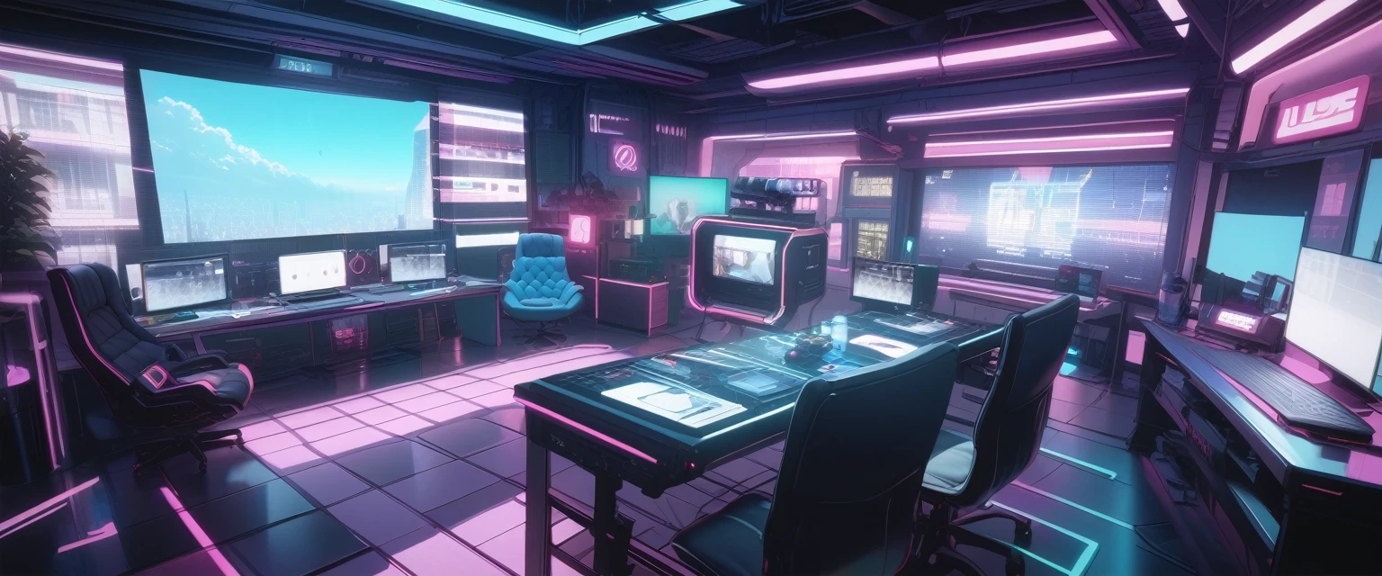 News tv studio, cyberpunk atmosphere, one tv show white color, 
masterpiece, best quality, ultra detailed, highres,4k,(ultra-detailed:1.4) (illustration:0.5), (ray tracing,:0.8),(anime colored:0.7),(ai-generated:0.5),