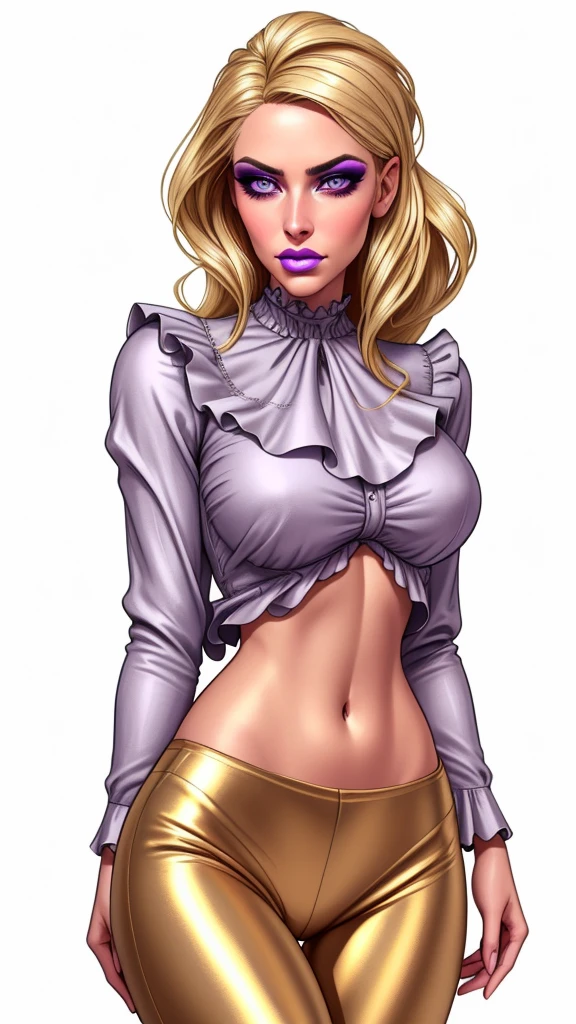 1girl, gorgeous blonde woman, beautiful detailed eyes, beautiful detailed lips, extremely detailed face and eyes, long eyelashes, ruffle shirt, lithe, slim, gold silk pants, navel, charcoal eyes, purple makeup, white background, blank background, high quality, 8k, hyperdetailed, hyper realistic, cinematic lighting, dramatic lighting, photorealistic, concept art