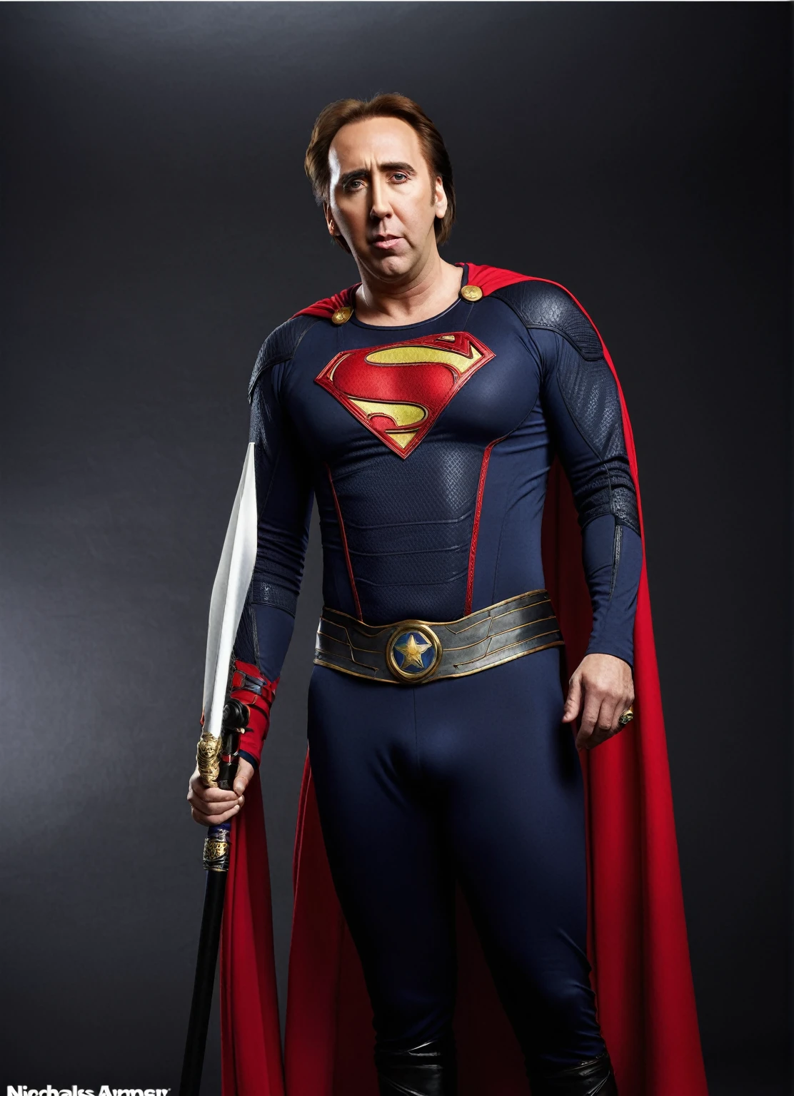 a close up of a man in a Супермен costume standing in front of a black backdrop, Супермен costume, Генри Кавилл!!!, Супермен pose, justin hartley as Супермен, Гарри Кавилл, Сканирование UHQ, Его плащ - американский флаг, Мега сканирование, Супермен, Генри Кавилл, nicholas cage as Супермен, супер фотореалистичный, nicolas cage as Супермен, вдохновленный Алексом Россом