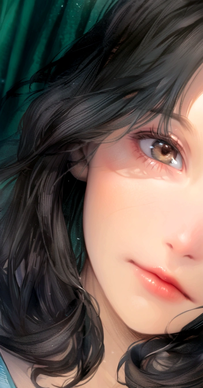 there is a woman with a blue shirt and a green curtain, close up face, stunning closeupheadshot, with cute doting eyes, black hair and large eyes, closeup face, cute and friendly eyes, large downslanted eyes, accurate brown eyes, brown eyes and white skin, very bright brown eyes, bright piercing brown eyes, closeup shot of face