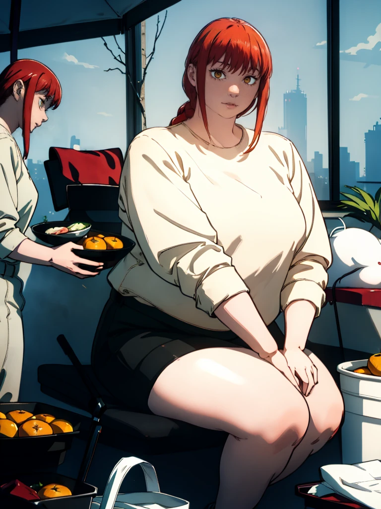 Le personnage Makima de la série animée Chainsaw Man, fragile, obésité morbide, ssbbw, pleine longueur (corps entier 1.1.), fond sombre, obscurité, anatomie correcte 1.1, anatomie correcte de la main, Très féminin, corps gras et rond, grosses Jambes, , beau corps obèse, ventre rond et mou très gras, cheveux roux, Yeux oranges, Cercles rouges pour les écoliers, chemise blanche, jupe noire,vate noire, posxy, réalisteery détaillé, beau corps, détaillé body, détaillé hands, détaillé, vibrant, détaillé Face, Conception des personnages de Makima. very détaillé, détaillé body, détaillé hands, détaillé Face, Art animé, Hugh Détails, Visage très abattu, détaillé eyes, Illustration ultra fine, Meilleure ombre, détail fin, beautiful détaillé glow, beautiful détaillé, Extraordinairement beau, extremely détaillé, inexpressif, composition épique, Style animé. art animé, Style animé. Jupe noire, chemise ble, cravatte, pose sexy