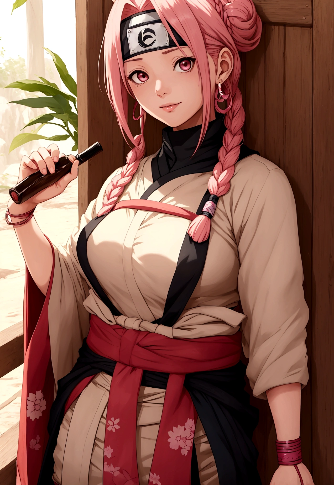 Attire: Sakura Haruno (naruto)would likely wear traditional Uruguayan clothing, such as a bombacha (loose-fitting gaucho pants) and a faja (a wide sash worn around the waist). She might also wear a beret or a wide-brimmed hat.

Accessories: Sakura Haruno (naruto) might accessorize with traditional Uruguayan jewelry, such as mate gourd earrings or a silver charm bracelet. She might also carry a mate gourd and bombilla (straw) for drinking mate, the national beverage of Uruguay.

Hairstyle: Sakura's Haruno (naruto) hairstyle would likely be long and flowing, possibly braided or styled in a bun. She might also wear a hairpiece, such as a flower or a ribbon.

Appearance: Sakura's Haruno (naruto) overall appearance would likely be warm and inviting, with a friendly smile and bright eyes. She might have tanned skin and dark hair, reflecting the mixed ethnic heritage of Uruguay.
