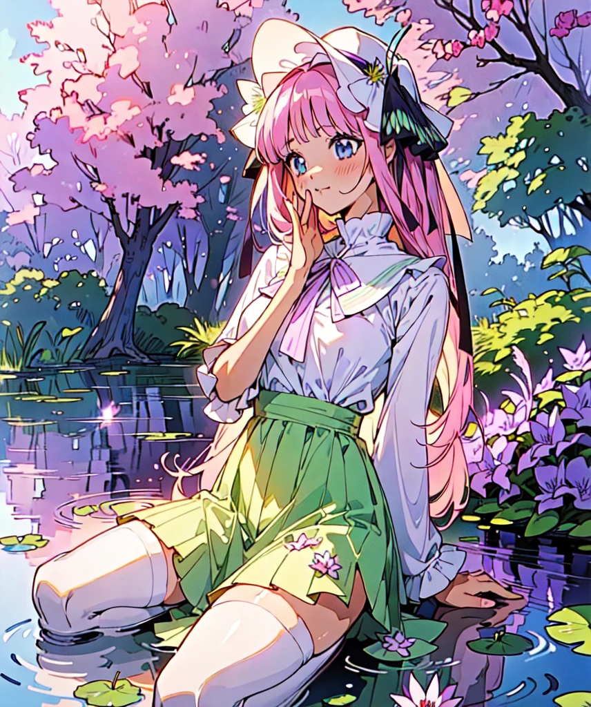 Nino nakano, dressed as sweetie belle from my little pony, solo, 1 girl, in a mythical garden: 2.0, (pink hair, coil curls: 2.5, dark blue heavenly eyes: 1.5, wearing a green and white dress, happy: 1.5, soft smile, her surroundings are ethereal, ((ultra realistic high quality top quality 4k)), one white thin really thin unicorn horn in her forehead: 3.0, bright sunny day: 1.urple and green flowers everywhere: 3.2, bushes, POND WITH LILY PADS: 3.0, jacaranda trees: 2.0, highly detailed jacaranda trees, green grass: 1.3, wearing a white summer hat with purple ribbon, summer dress with flower patterns, dainty features: 2.0,  like features: 2.0 two white cat ears: 1.0, ONE WHITE THIN THIN REALLY THIN HORN ON HER FOREHEAD, two white cat ears, pure white skin, green thigh high, highly detailed legging, purple heel, shiny hair, slightly shiny skin, sun rise, morning, shining ponds, lavender flower everywhere, shining eyes, soft gentle smile cute pink soft light blush,