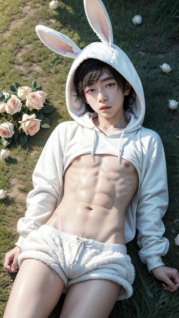 a renaissance painting,sunny spring, Asian delicate skinny boy wearing a rabbit ears hoodie, and only wearing white fur shorts, Lying on the floor, in a field full of roses