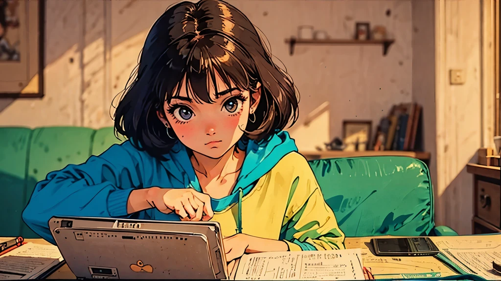 A girl, 80s anime style, retro, lo-fi, piercing, hoodie, tea cup