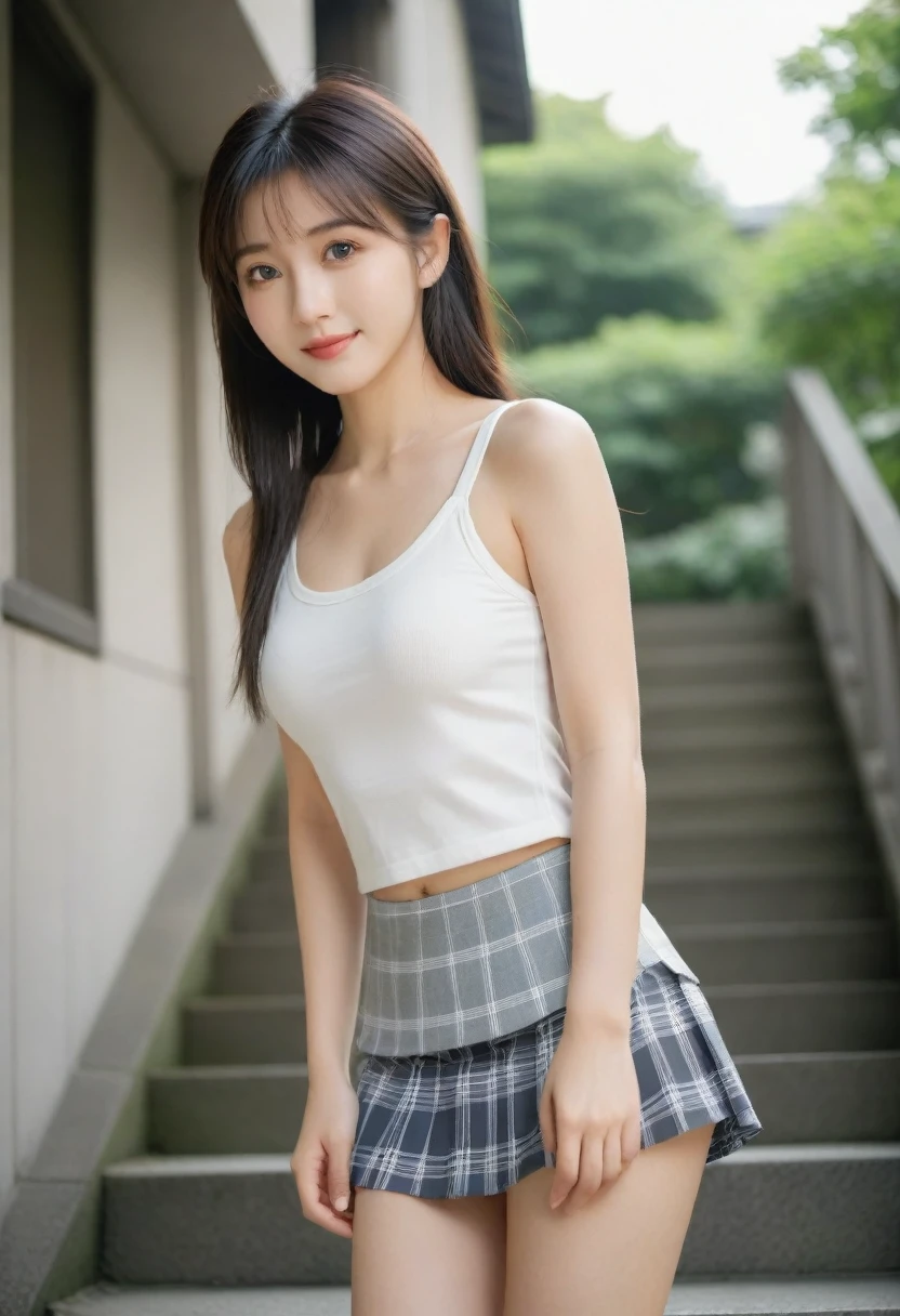 8K, Ultra-high resolution, Highest quality, masterpiece, 三分割法によるphotograph,Surreal, photograph, 1 Girl, (16 years old:1.3), pretty girl, Cute face, Beautiful eyes in every detail, 細かくdetailedに,masterpiece,, One Girl:1.2, Japan Female Announcer,whole body,((very small head:1.3)),Center-parted bangs,amount,Black Hair,Long Hair,Iris,Gorgeous eyes,smile,((Toned body,Slender body,skinny)),(Sports bra、Bra Top,Grey plaid pleated mini skirt),Beautiful leg line beauty,Captivating thighs,Glowing Skin,Shiny skin,Climbing the stairs,Fire escape in a building,Full of sex appeal,Sensual,屈託のないsmile,Heal the heart,Low - Angle、Looking up from directly below,beauty,Long neck、Laugh a little、Please close your mouth and laugh、(((Ideal body type))),A cup small breasts :2,、Portraiture:2、Perfect Anatomy、鮮明なdetailed、detailed、Surreal、Light and shadow,Strong light