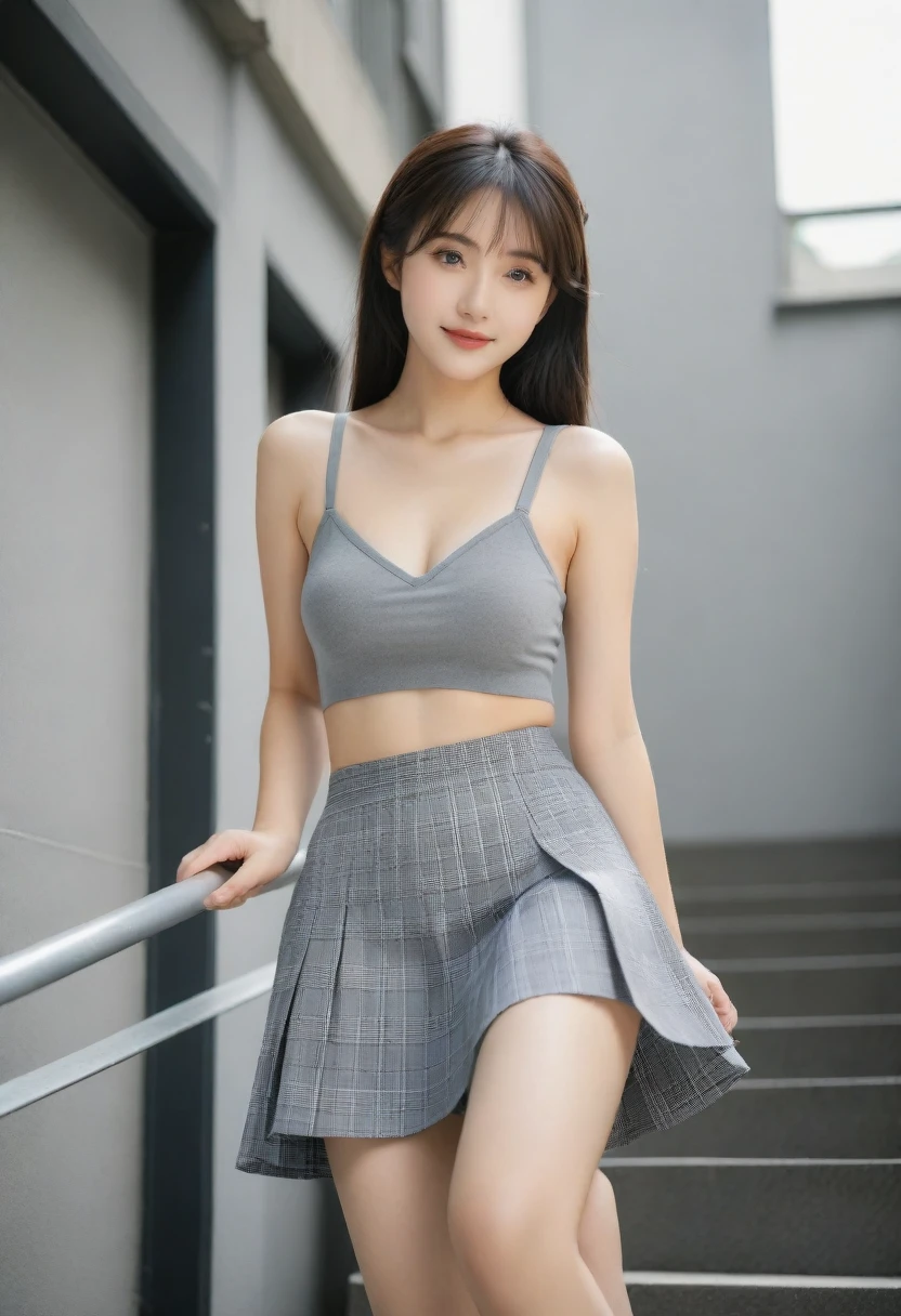 8K, Ultra-high resolution, Highest quality, masterpiece, 三分割法によるphotograph,Surreal, photograph, 1 Girl, (16 years old:1.3), pretty girl, Cute face, Beautiful eyes in every detail, 細かくdetailedに,masterpiece,, One Girl:1.2, Japan Female Announcer,whole body,((very small head:1.3)),Center-parted bangs,amount,Black Hair,Long Hair,Iris,Gorgeous eyes,smile,((Toned body,Slender body,skinny)),(Sports bra、Bra Top,Grey plaid pleated mini skirt),Beautiful leg line beauty,Captivating thighs,Glowing Skin,Shiny skin,Climbing the stairs,Fire escape in a building,Full of sex appeal,Sensual,屈託のないsmile,Heal the heart,Low - Angle、Looking up from directly below,beauty,Long neck、Laugh a little、Please close your mouth and laugh、(((Ideal body type))),A cup small breasts :2,、Portraiture:2、Perfect Anatomy、鮮明なdetailed、detailed、Surreal、Light and shadow,Strong light