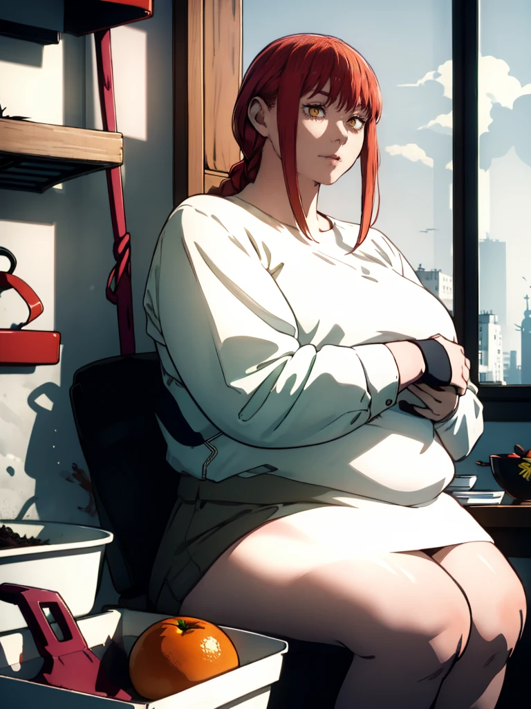 Le personnage Makima de la série animée Chainsaw Man, fragile, obésité morbide, ssbbw, pleine longueur (corps entier 1.1.), fond sombre, obscurité, anatomie correcte 1.1, anatomie correcte de la main, Très féminin, corps gras et rond, grosses Jambes, fesses, beau corps obèse, ventre rond et mou très gras, cheveux roux, Yeux oranges, Cercles rouges pour les écoliers, chemise blanche, jupe noire, cravate noire, pose sexy, réaliste, very détaillé, beau corps, détaillé body, détaillé hands, détaillé, vibrant, détaillé Face, Conception des personnages de Makima. very détaillé, détaillé body, détaillé hands, détaillé Face, Art animé, Hugh Détails, Visage très abattu, détaillé eyes, Illustration ultra fine, Meilleure ombre, détail fin, beautiful détaillé glow, beautiful détaillé, Extraordinairement beau, extremely détaillé, inexpressif, composition épique, Style animé. art animé, Style animé. Jupe noire, chemise blanche, cravatte, pose sexy