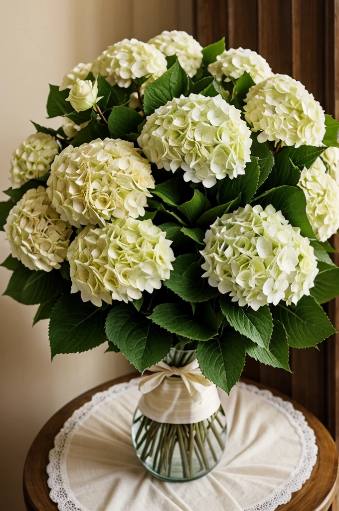Bouquet of hydrangeas ,big ,lush ,tender in wrapper ,The background is light ,beige realistic
