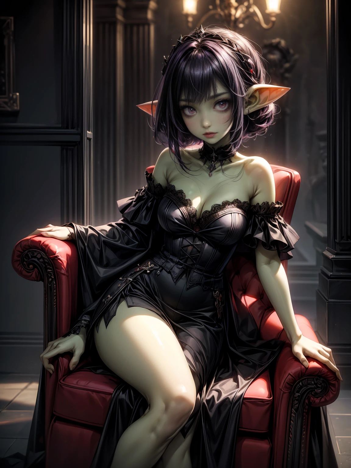 1girl, (grey skin, purple skin:1.4), dark skin, (oni, oni horns), sitting, relaxed, demon girl, (long black hair, cute hairstyle, messy hair), lots of hair, (large eyes, glowing eyes, purple eyes), (slit pupils), lithe, thin, sinuous, (toned body, strong, fit), sweaty, sweat, wild, lewd, sadistic expression, evil grin, cruel, small hands, small feet, iron collar, iron shackles, aroused, feral, full body, dynamic, (inhuman, femdom), bangles, exotic, fantasy species, sorceress dress, sexy one-piece, silk, (fangs), (medieval fantasy, cozy home, comfortable room, indoors, late night, night:1.4, warm atmosphere, luxurious hearth, deep shadows, rich wood, adventurer's home), (best quality:1.2, sharp clarity, great skin detail, photorealistic, detailed features, magical realism), analog style, raw photograph, feet, toes, barefoot, from below, FanInt, 0n1, herzhax, short eyebrows, pickle eyebrows, cut3h0rnstyl3, fantasy, tree, Medieval fantasy world, Moonlight at night, Night scene