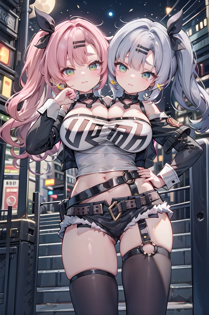 masterpiece, best quality, ultra-detailed, extremely detailed,illustration, 1girl, nicole demara, hair ribbon, hairclip, earrings, black collar, tube top, single thighhigh, short shorts, cropped jacket, belt, thigh strap, detached sleeves, doll, standing, hand on hip, cowboy shot, night street, moon, (2heads:1.9)