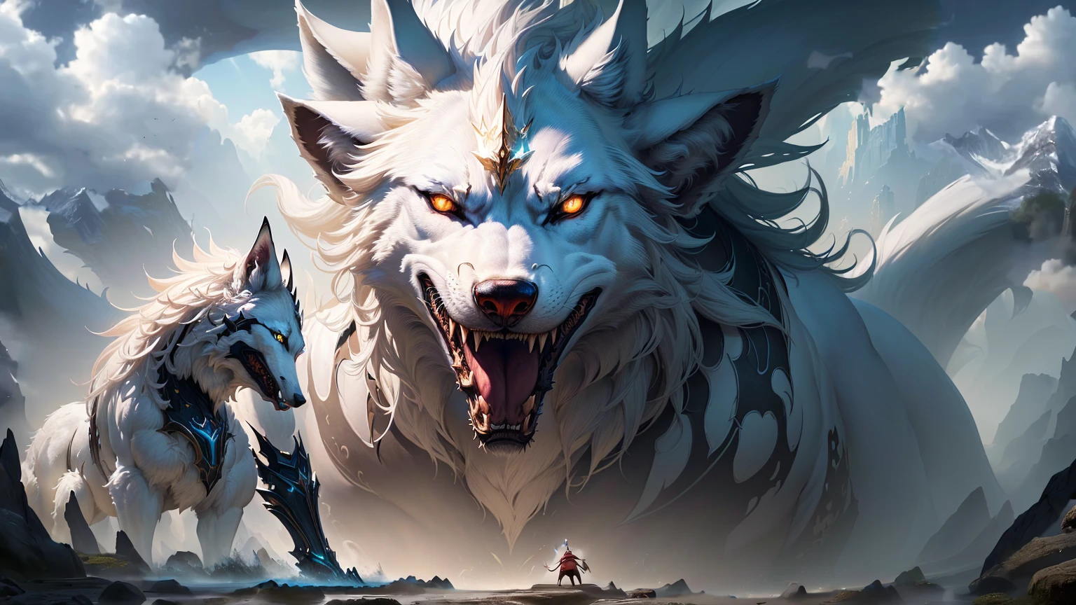 masterpiece, Highest quality, (Highly detailed CG Unity 8k wallpaper), (Highest quality), (Best illustrations), (Best Shadow), Absurd, Realistic lighting, (abyss), Beautiful sparkle, art:PeterMohrBacher,The giant white wolf moves slightly to the right.,Opening his mouth wide