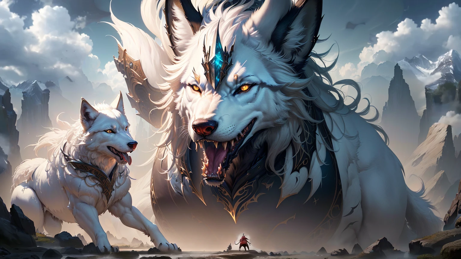 masterpiece, Highest quality, (Highly detailed CG Unity 8k wallpaper), (Highest quality), (Best illustrations), (Best Shadow), Absurd, Realistic lighting, (abyss), Beautiful sparkle, art:PeterMohrBacher,The giant white wolf moves slightly to the right.,Opening his mouth wide