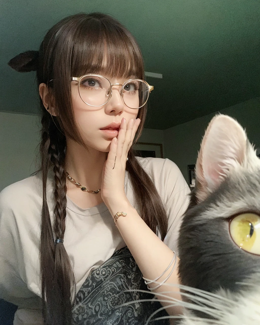 there is a woman with glasses and a cat with a cat's face, Belle Delphine, nekomimi, with glasses, Chiho, girl with cat ears, by Ayami Kojima, woman with cat ears, the hime cut, anime vibes, shikamimi, kemonomimi, Yoshitomo Nara
