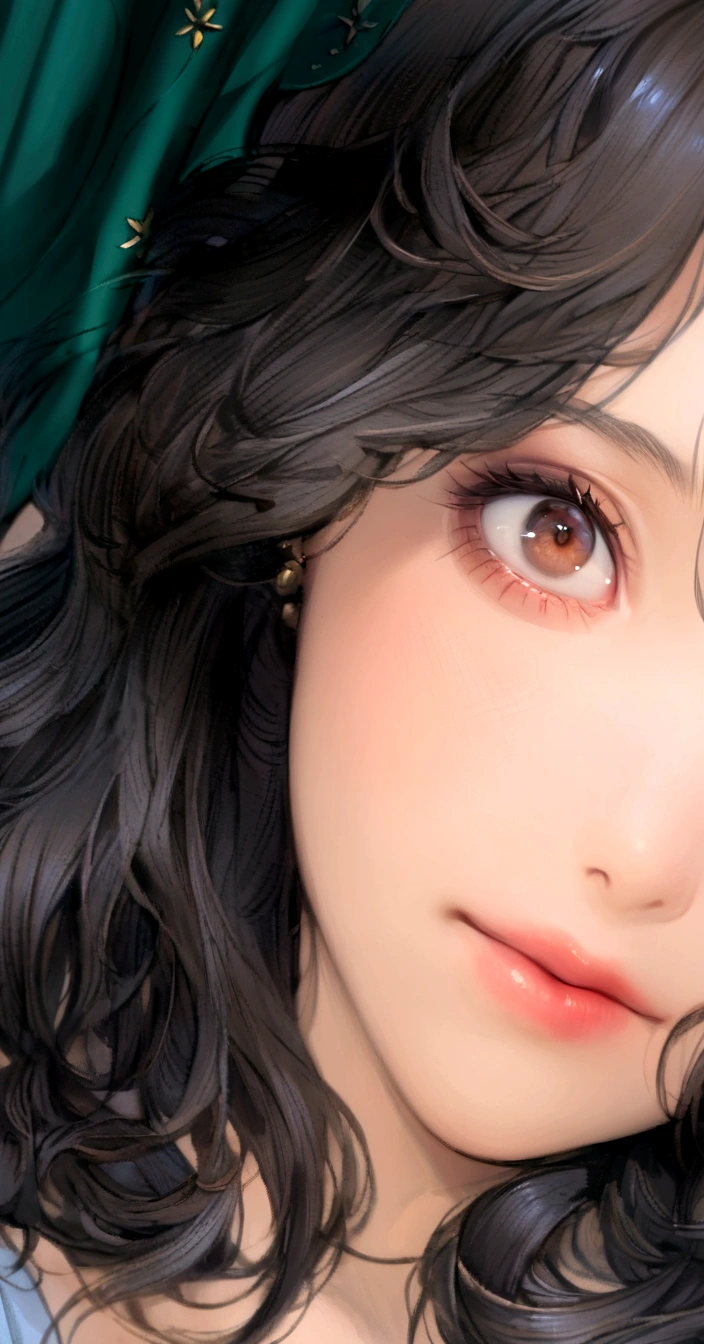 there is a woman with a blue shirt and a green curtain, close up face, stunning closeupheadshot, with cute doting eyes, black hair and large eyes, closeup face, cute and friendly eyes, large downslanted eyes, accurate brown eyes, brown eyes and white skin, very bright brown eyes, bright piercing brown eyes, closeup shot of face