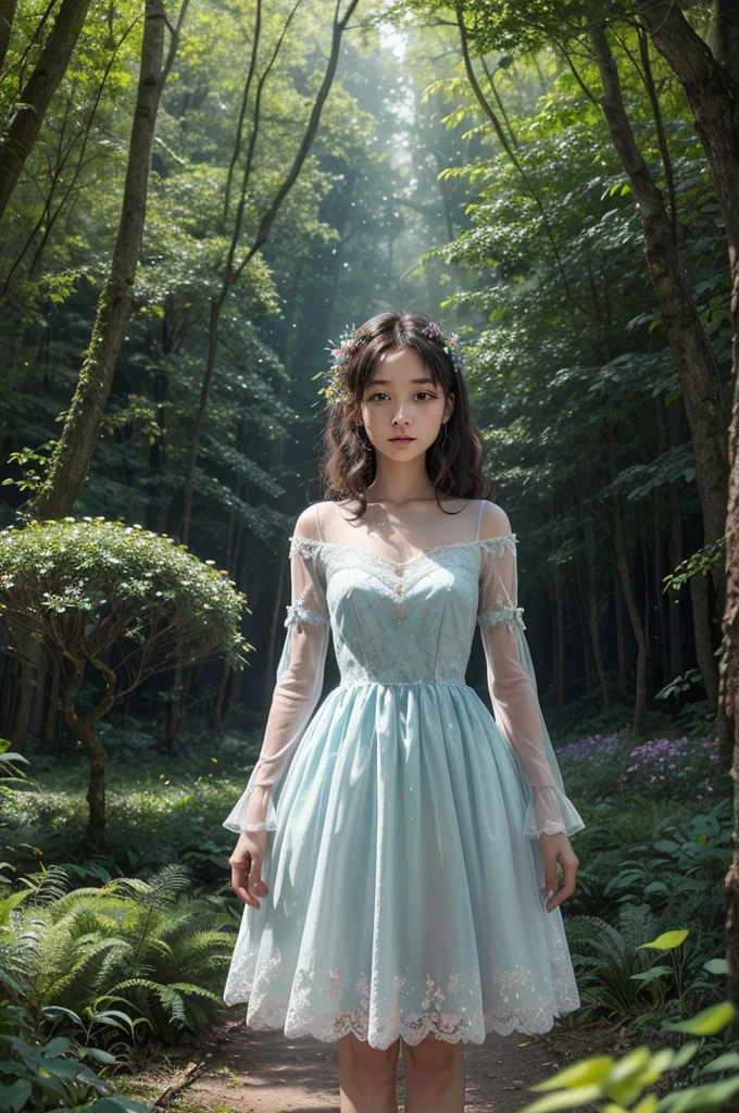 in a magical forest, full of tall trees and colorful flowers, a woman with brown skin is standing, surrounded by butterflies that flutter gently around you. Her hair is short and curly, delicately framing your face. She wears a splendid princess dress, that glows softly in the light filtered by the trees. The dress is a soft tone, maybe a sky blue or a pale pink, adorned with shiny details and fine lace that add a touch of elegance.
The forest around you is alive, with exotic plants and flowers blooming in vibrant colors, creating an enchanted setting. Little beams of magical light dance in the air, reflecting the enchanted aura of the place. The butterflies, with translucent and colorful wings, appear to emanate a faint luminescence, adding even more magic to the scene.
She's in a clearing, where the grass is green and soft, dotted with small wildflowers. Ao fundo, Ancient trees with twisted trunks and dense foliage create a fairytale setting, with vines and moss hanging from the branches, completing the mystical forest atmosphere.