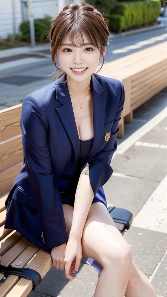 A scene of a woman wearing a low-cut suit sitting on a bench on a sunny day with a great smile