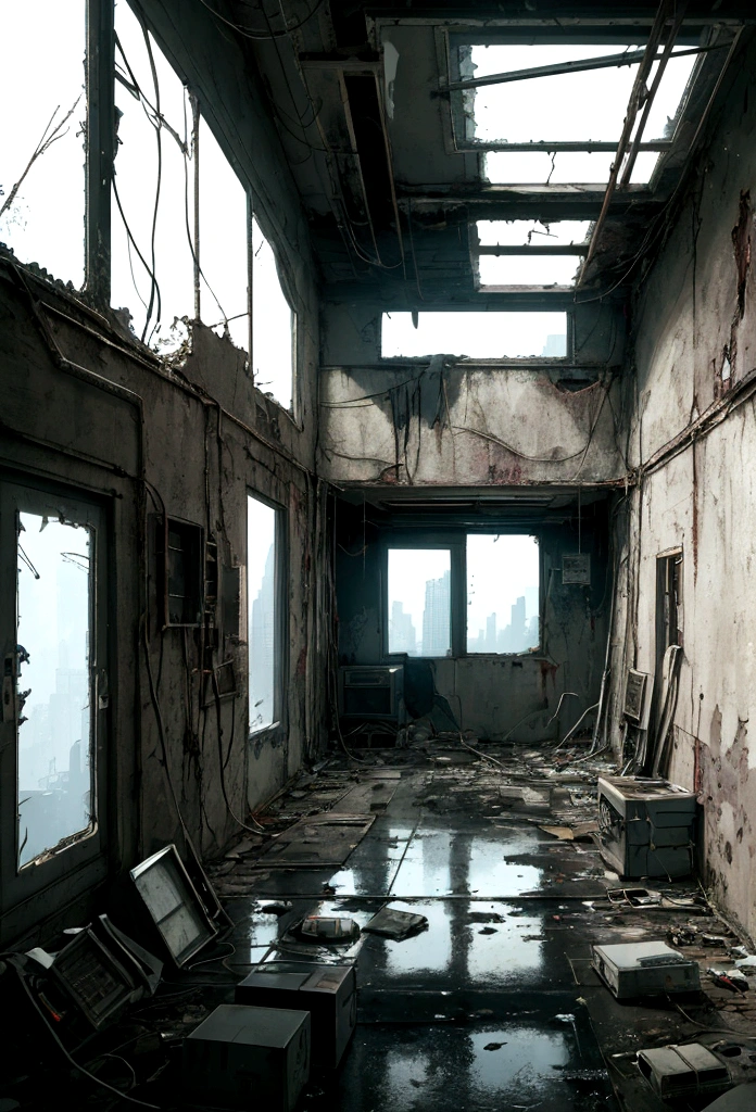 masterpiece, best quality, (abandoned futuristic house), (Night outside dark lighting dark red), worn walls, cracks, cables, abandoned boxes, garbage and papers on the floor, pipes, Zoom in on window, window with broken glass, Window in the center of the frame, Night time, Window in center of frame, wet floor, light reflections on the floor, very dark night, Cyberpunk, dark lighting,