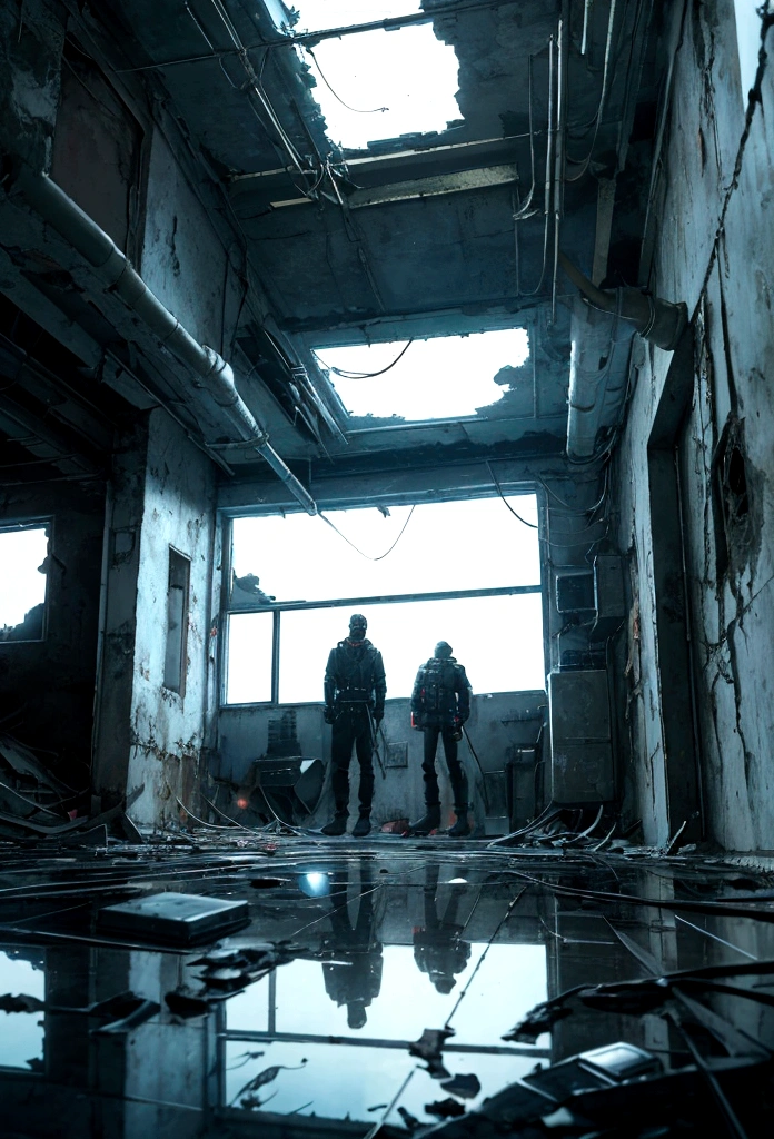 masterpiece, best quality, (abandoned futuristic house), (Night outside dark lighting dark red), worn walls, cracks, cables, abandoned boxes, garbage and papers on the floor, pipes, Zoom in on window, window with broken glass, Window in the center of the frame, Night time, Window in center of frame, wet floor, light reflections on the floor, very dark night, Cyberpunk, dark lighting,
