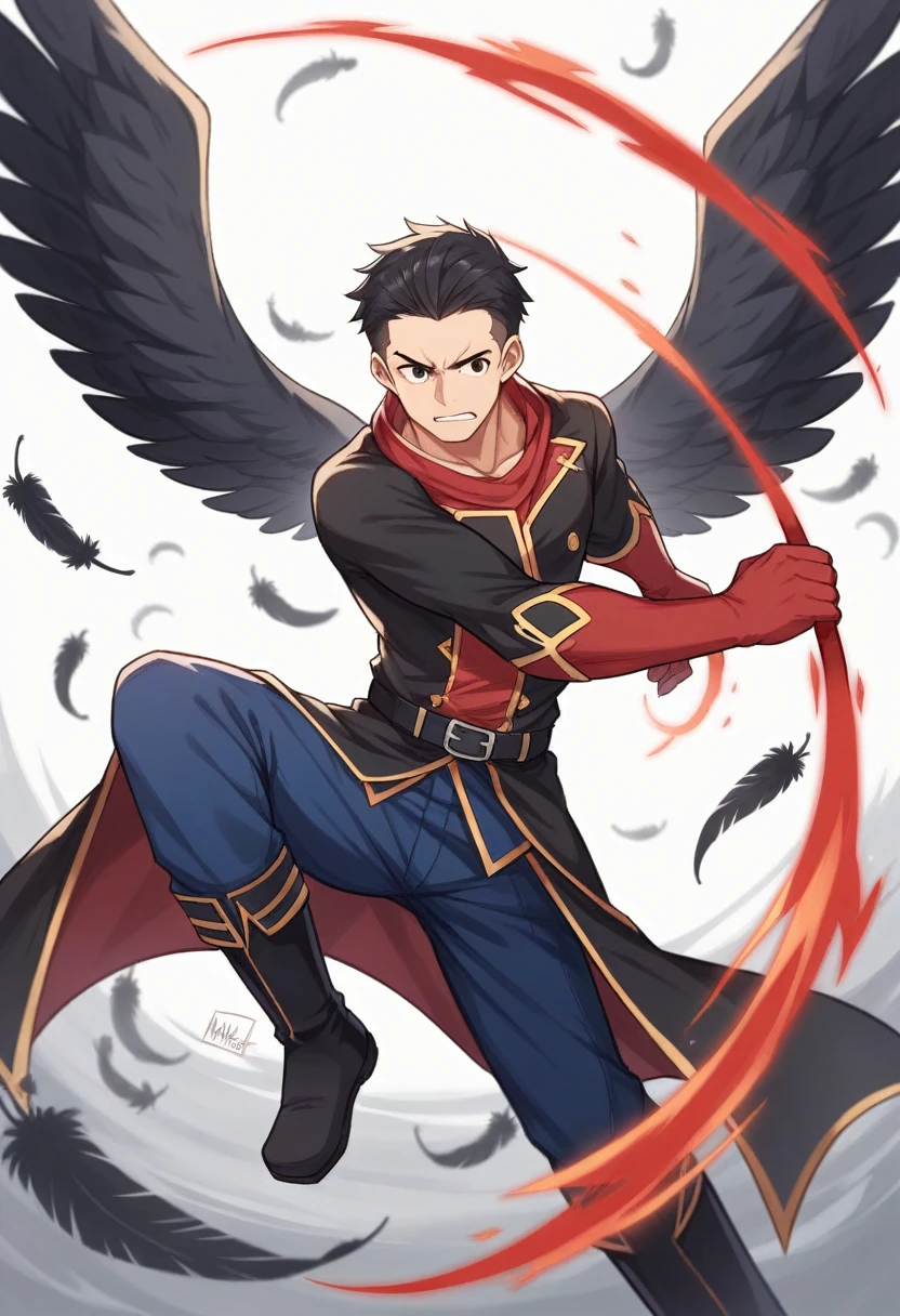 A hero based on the main character of Sword Art Online could be called **Aerius**, a warrior with exceptional skills in both combat and magic.

**Description of Aerius:**
He has an athletic figure and sharp, dark eyes that reflect determination, with white skin. His giant eagle wings, with black feathers, They allow you to fly at high speed and maneuver with agility in the air. Dressed in a black Wyrm coat - **weapon:** He wields a dark staff called, in the center of which shines a large ruby that emanates a golden light.. Channel your magical power of creation.
- **Skills:**
  - **fly:** His wings allow him to perform aerial attacks and evade enemies with ease..
  - **Golden and dark glitter:** The ruby on his staff can conjure dark dust that consumes his enemies and can create barriers to protect him and golden light to regenerate things.. Aerius is an expert in , making him a versatile and formidable adversary.
**Personality:**
He is brave and determined, willing to face any challenge to protect his friends and allies. Despite the adversities, maintains a positive attitude and seeks to inspire others with his bravery and nobility.