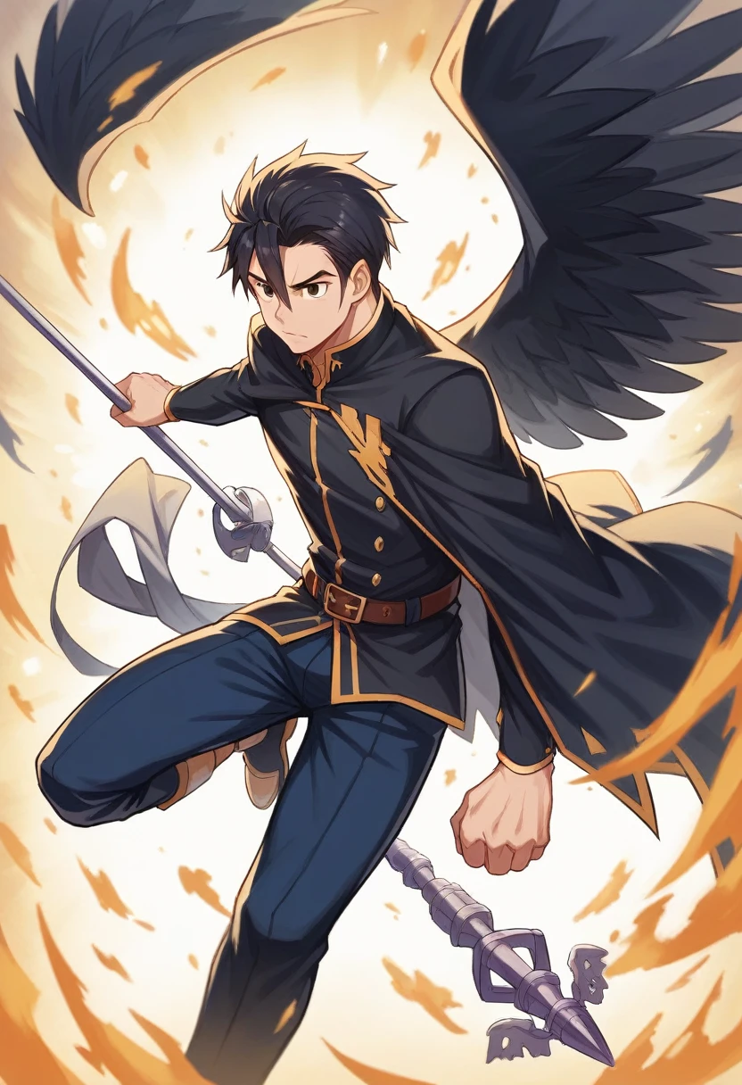 A hero based on the main character of Sword Art Online could be called **Aerius**, a warrior with exceptional skills in both combat and magic.

**Description of Aerius:**
He has an athletic figure and sharp, dark eyes that reflect determination, with white skin. His giant eagle wings, with black feathers, They allow you to fly at high speed and maneuver with agility in the air. Dressed in a black Wyrm coat - **weapon:** He wields a dark staff called, in the center of which shines a large ruby that emanates a golden light.. Channel your magical power of creation.
- **Skills:**
  - **fly:** His wings allow him to perform aerial attacks and evade enemies with ease..
  - **Golden and dark glitter:** The ruby on his staff can conjure dark dust that consumes his enemies and can create barriers to protect him and golden light to regenerate things.. Aerius is an expert in , making him a versatile and formidable adversary.
**Personality:**
He is brave and determined, willing to face any challenge to protect his friends and allies. Despite the adversities, maintains a positive attitude and seeks to inspire others with his bravery and nobility.