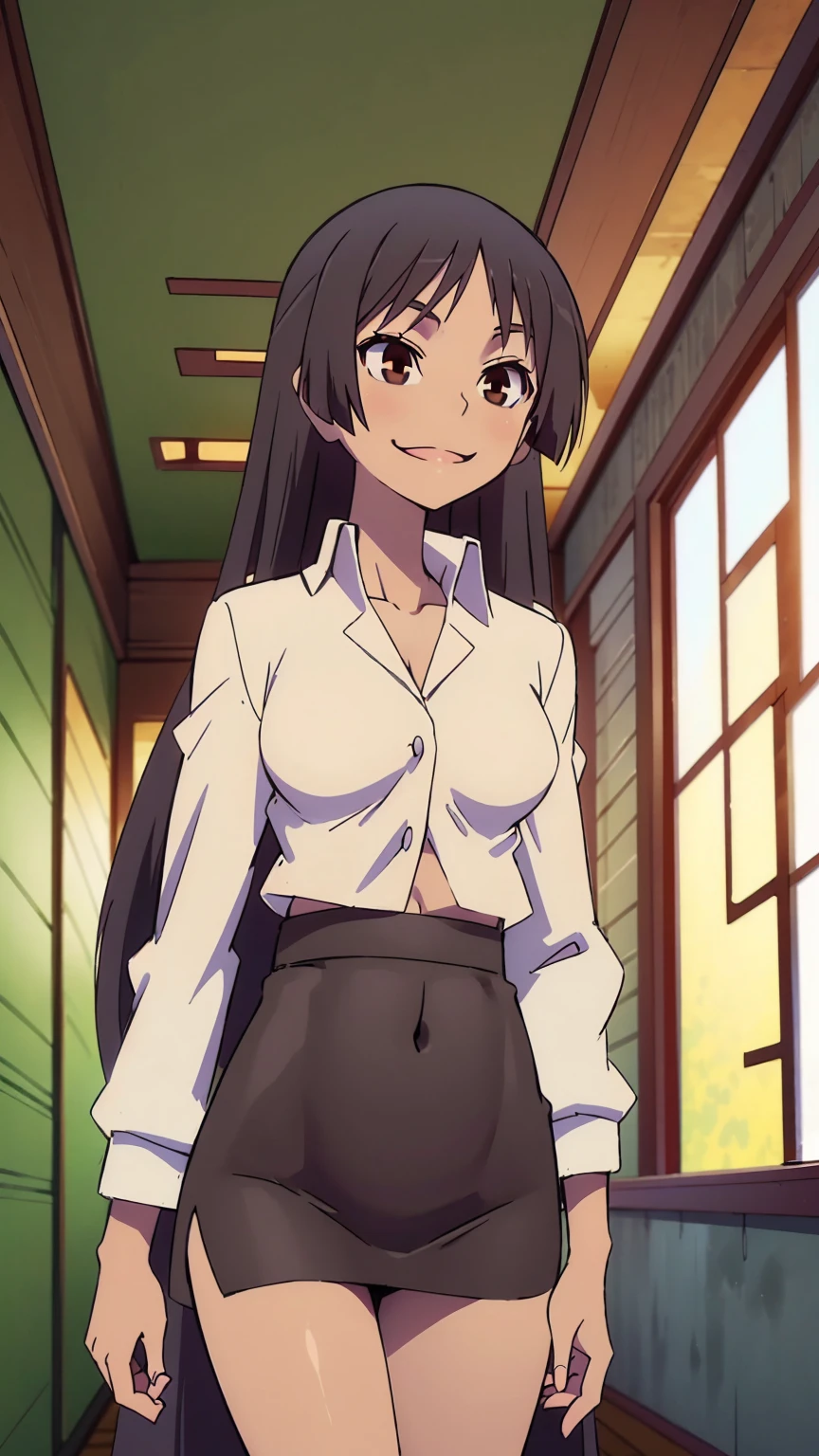 A tall attractive girl with light skin, big chest, long black hair, her brown eye, wears a white button-down shirt, curves a slim navel, and a long black skirt, smiles very attentively, and walks in the hallway in the university background.