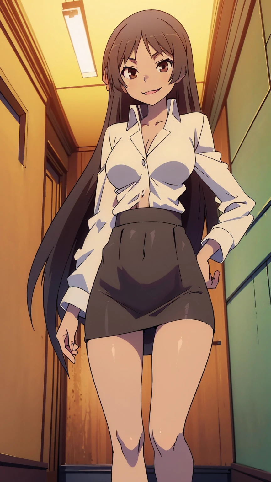 A tall attractive girl with light skin, big chest, long black hair, her brown eye, wears a white button-down shirt, curves a slim navel, and a long black skirt, smiles very attentively, and walks in the hallway in the university background.