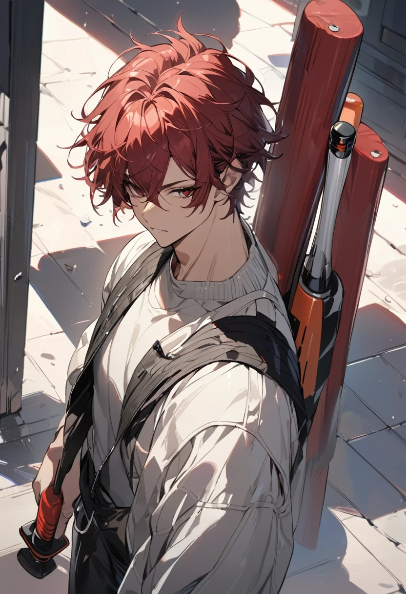 Highly detailed, High quality, Masterpiece, (long, long shot), 1 man, (dark red hair, black left eye, mask on right side of face, short hair, messy hair, jacket, compressed sweater Wide black karate pants, baseball bat on the back, shadow sword in the left hand, medium musculature, detailed. background, walking in the square), portrait