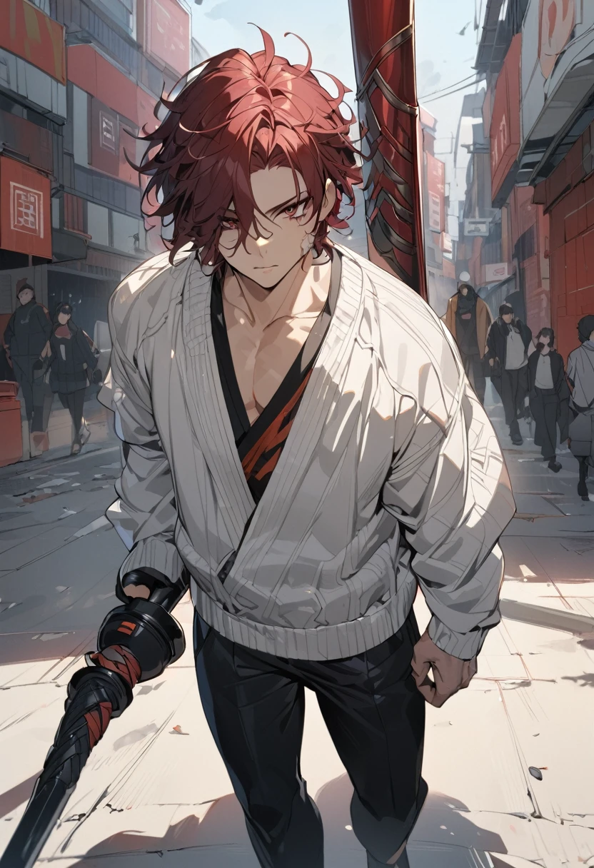 Highly detailed, High quality, Masterpiece, (long, long shot), 1 man, (dark red hair, black left eye, mask on right side of face, short hair, messy hair, jacket, compressed sweater Wide black karate pants, baseball bat on the back, shadow sword in the left hand, medium musculature, detailed. background, walking in the square), portrait