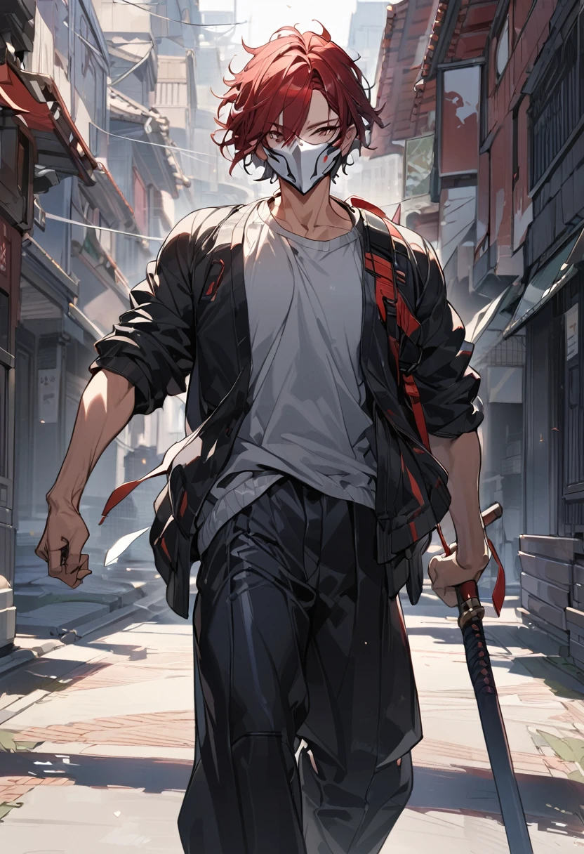 Highly detailed, High quality, Masterpiece, (long, long shot), 1 man, (dark red hair, black left eye, mask on right side of face, short hair, messy hair, jacket, compressed sweater Wide black karate pants, baseball bat on the back, shadow sword in the left hand, medium musculature, detailed. background, walking in the square), portrait