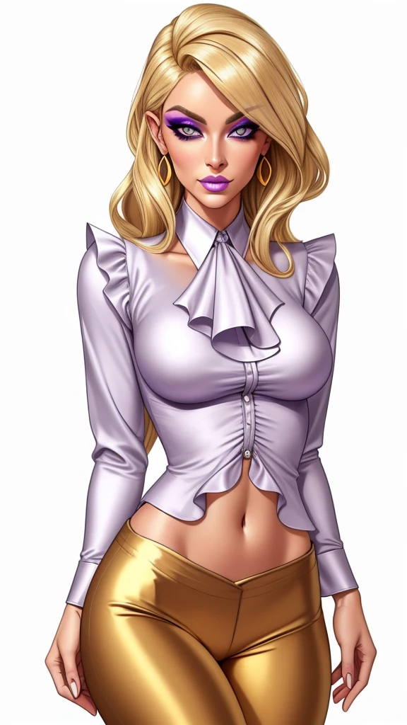 Lulu, gorgeous blonde woman, ruffle shirt, lithe, slim, gold silk pants, navel,
charcoal eyes, lilac makeup,
white background, blank background,