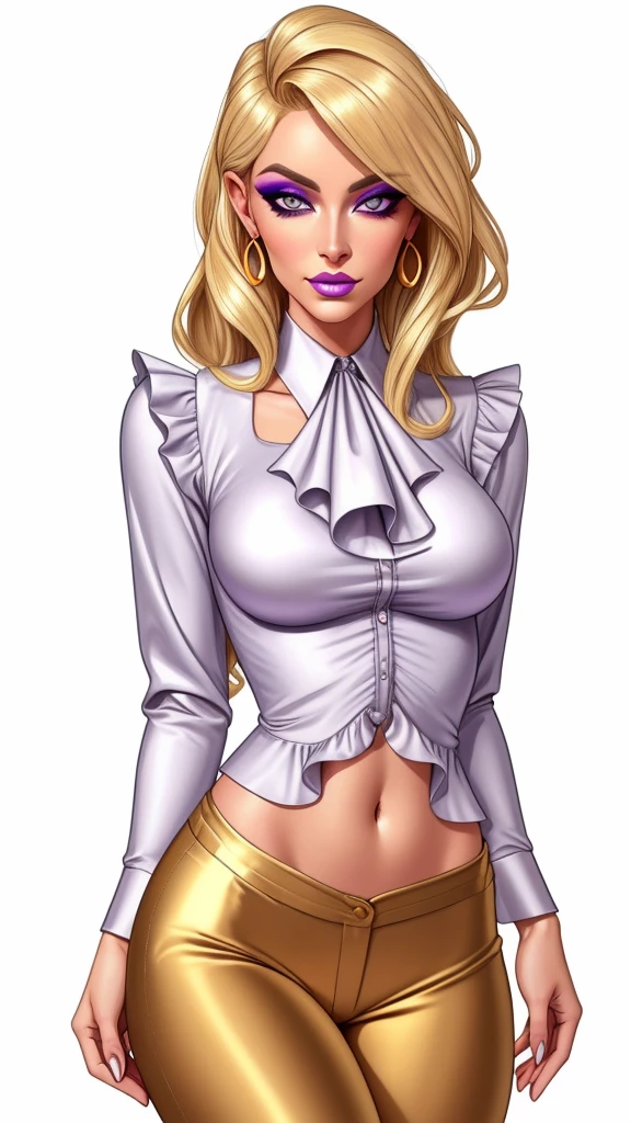 Lulu, gorgeous blonde woman, ruffle shirt, lithe, slim, gold silk pants, navel,
charcoal eyes, lilac makeup,
white background, blank background,