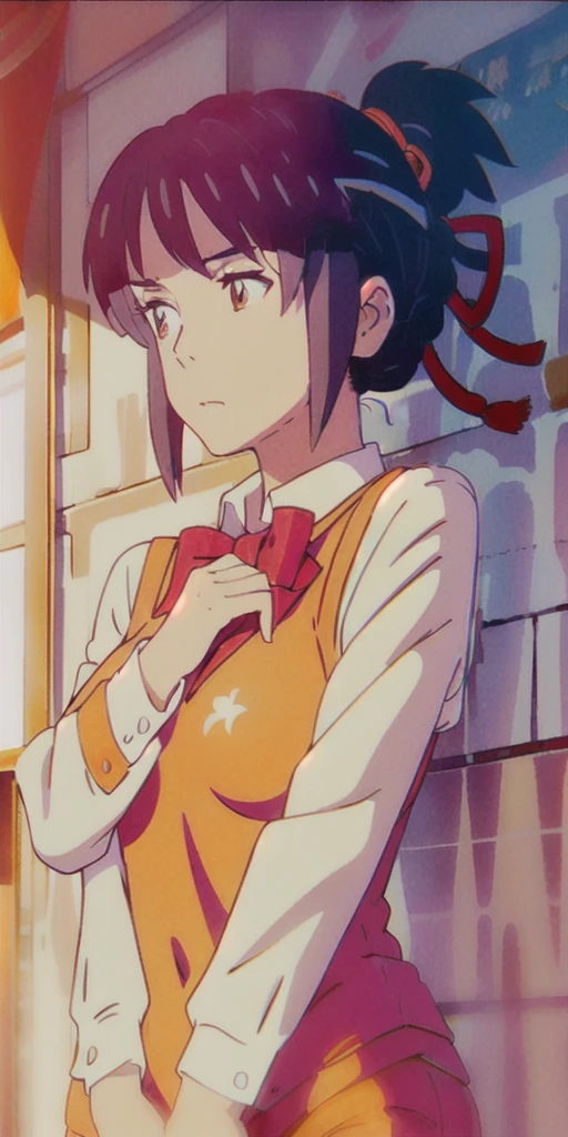 miyamizu_mitsuha, red bowtie,
jewelry, white yoga crop top, white yoga tight shorts, hands on chest,see-through, looking at viewer, hair ornament, choker, shy,
(masterpiece, top quality, best quality, official art, beautiful and aesthetic:1.2), (1 girl), extreme detailed, colorful, highest detailed,
(huge breasts:1.2, upper body, from below, cameltoe, ) white panties,
china city,street, sun, cloud, wall, leaning,
